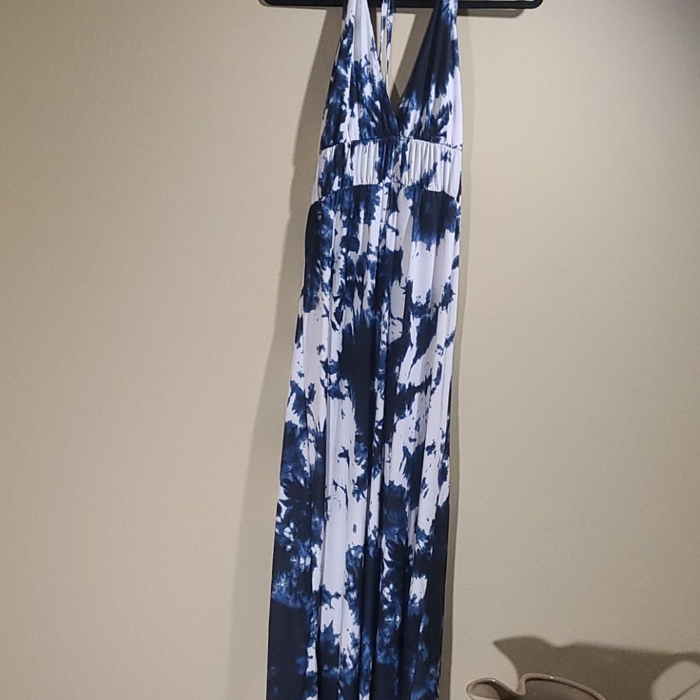Blue and white tye-dye halter tie maxi dress